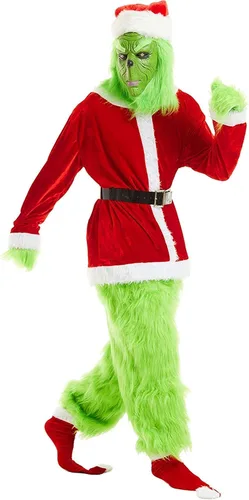 Vista 2 de WPOZD Christmas Deluxe Green Monster Costume - 7PCS Adult Suit Deluxe Adult with Green Monster Mask and Red Christmas Hat