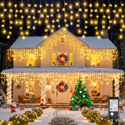 Vista 23 de Luces de carámbano para exteriores, 16.5 pies, 200 luces LED de Navidad para exteriores con 8 modos, impermeables, conectables, tira de luces