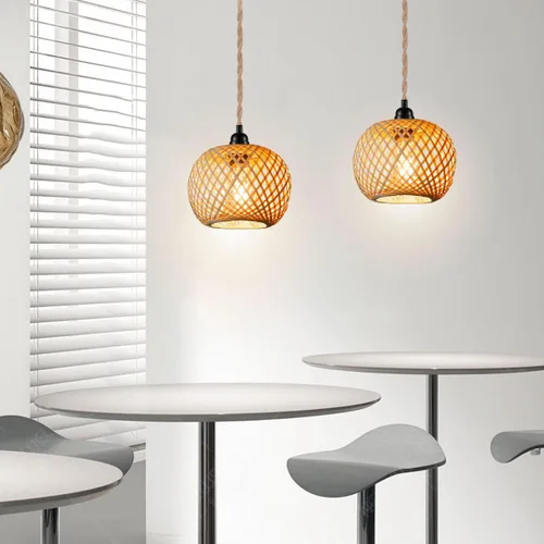 Vista 6 de Lámpara colgante de mimbre con enchufe bohemio 15ft Hemp Rope Cord, MINI Bamboo Lampshade, Wall Lighting Swag Lamp, for Kitchen Island Farmhouse