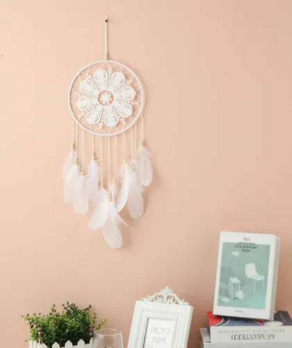 Vista 6 de Atrapasueños blancos para dormitorio, decoraciones colgantes hechas a mano con plumas blancas de encaje atrapasueños móvil para decoración
