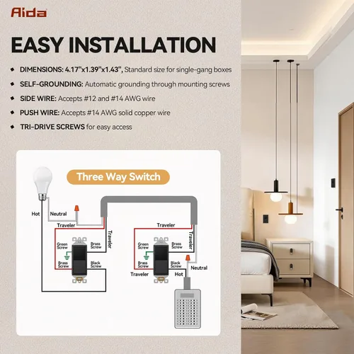 Vista 4 de AIDA Paquete de 1 interruptor de luz basculante Decora de 3 vías, interruptores de luz eléctricos con conexión a tierra automática de 15 amperios