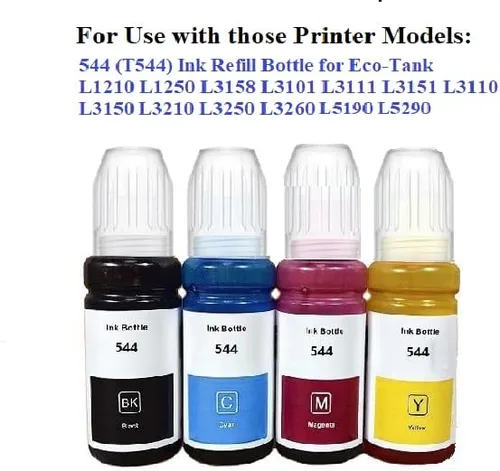 Vista 4 de Vivid Colors Botella de tinta compatible de repuesto para 544 T544 uso con impresora todo en uno L3110 L3150 L3158 L1210 L1250 L3250 L3260 L3111