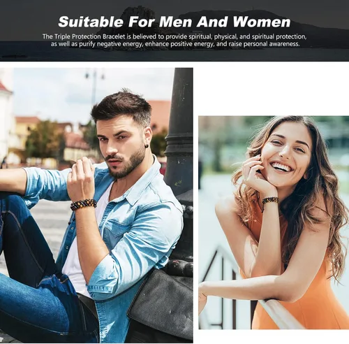 Vista 3 de Pulsera de triple protección hecha a mano para hombres y mujeres, ojo de tigre, obsidiana negra, hematita, cuentas de cristal curativo, joyería trae