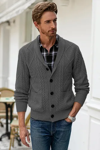 Vista 7 de JMIERR Suéter casual de manga larga con cuello de chal y botones para hombre con bolsillos