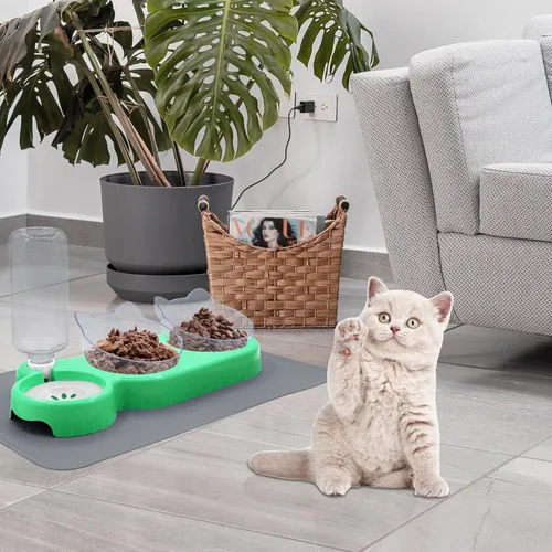 Vista 7 de Cuencos triples para gatos con dispensador de agua, juego de cuencos para agua y alimentos para mascotas con alfombrilla antideslizante, cuencos