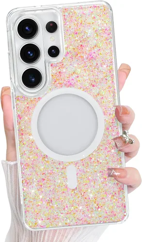 Vista 245 de Bonoma - Funda compatible con Samsung Galaxy S21 Plus, diseño de corazón con purpurina, color rosa Support for MagSafe, Plating Magnetic Case TPU