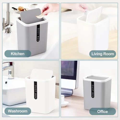 Vista 6 de 2 mini basureros con tapa, mini papelera de plástico con 5 rollos de bolsas de basura, pequeño cubo de basura de escritorio para cocina, baño