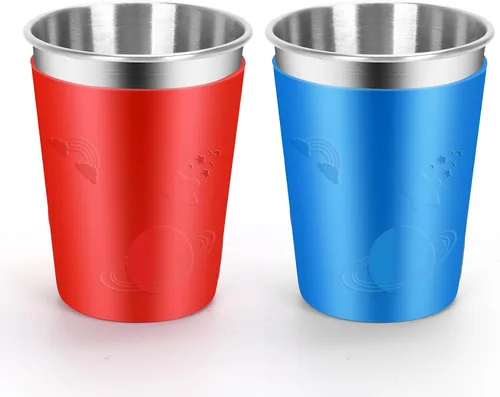 Vista 9 de ShineMe Vasos de acero inoxidable para niños, paquete de 2 tazas para niños con tapas y bonitas mangas de personajes espaciales, vasos antiderrames