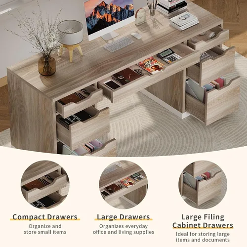 Vista 4 de MaverickFurni Escritorio para computadora de 54 pulgadas con cajones de almacenamiento, escritorio ejecutivo con 7 cajones para dormitorio