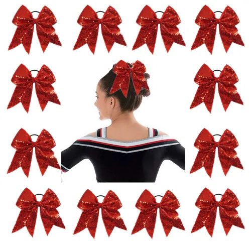 Vista 7 de Oaoleer 12 lazos grandes con purpurina para el pelo de 7 pulgadas, banda elástica hecha a mano para animadoras, adolescentes, niñas, deportes Negro