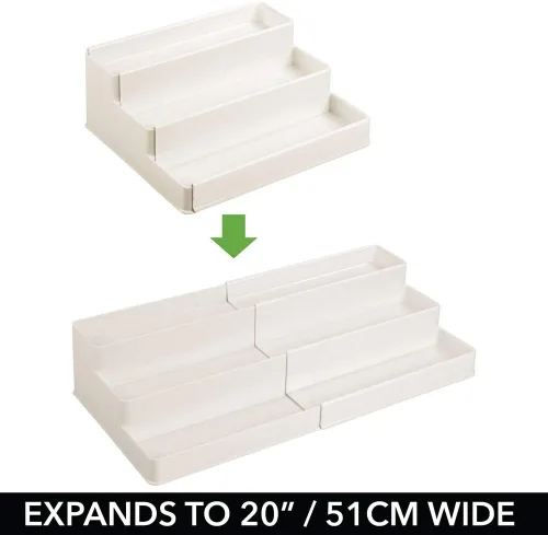 Vista 4 de mDesign Organizador de estante de plástico expandible de 3 niveles, almacenamiento para tocador de baño, gabinete, armario, cajón, capacidad