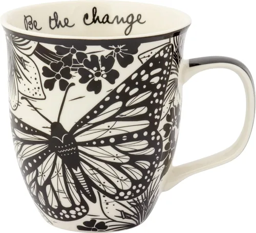 Vista 2 de Karma Taza bohemia de 16 onzas con diseño de mariposa y libélula en blanco y negro, bonita taza de café y té, cerámica, 16 onzas, redonda