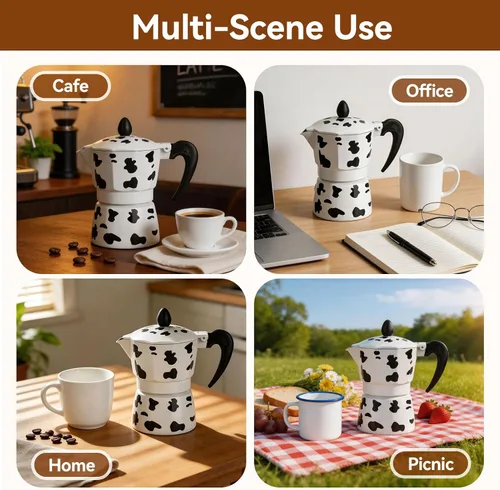Vista 4 de Cafetera de café expreso para estufa, cafetera de moka de vaca lechera, cafetera portátil de aluminio de 3/6/9 tazas para el hogar, cafetería