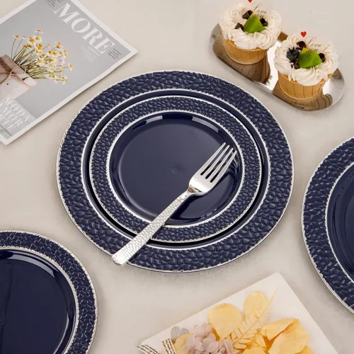Vista 4 de Ciaell 150 platos de plástico azul y plateado – El plato desechable azul incluye 50 platos, 25 cuchillos, 25 tenedores, 25 cucharas, 25 tazas