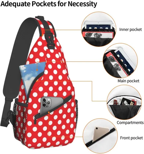 Vista 4 de Mochila cruzada de lunares rojos y blancos para viajes, senderismo, mochila para mujeres y hombres, unisex, bolsas de hombro para el pecho