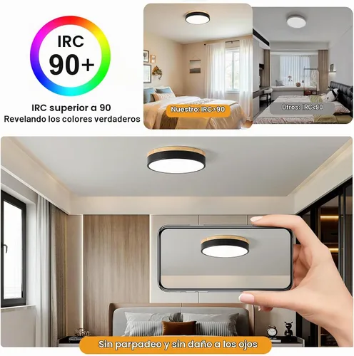 Vista 6 de Lámpara de techo LED regulable de madera, redonda, color negro, 11.81 pulgadas Moderna 2700K-6000K 5CCT Ajuste de Color Minimalista Para Cocina