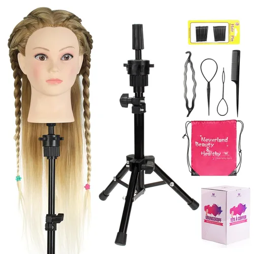 Vista 10 de Cabeza de maniquí de 18 pulgadas de cabello humano con soporte - Cabeza de maniquí 100% cabello real para práctica de maquillaje, cabeza de muñeca