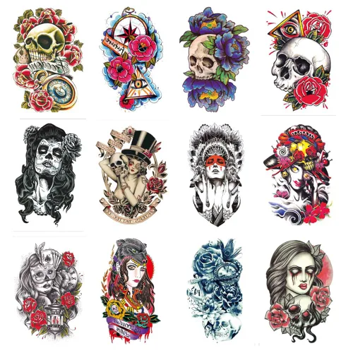 Vista 11 de 12 hojas de tatuajes falsos en el pecho, brazo, hombro, tatuajes, arte corporal, mangas de 5.9 x 8.3 pulgadas, tatuajes temporales impermeables