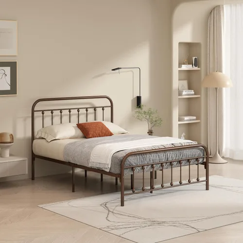 Vista 13 de Marco de cama de metal tamaño matrimonial con cabecero y estribo, sin somier, color blanco