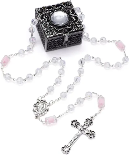 Vista 63 de KOMI Rosario de cuentas católicas para mujer, collar de cuentas de rosario con cruz de crucifijo, perlas de cristal, rosario, rosarios, católicos