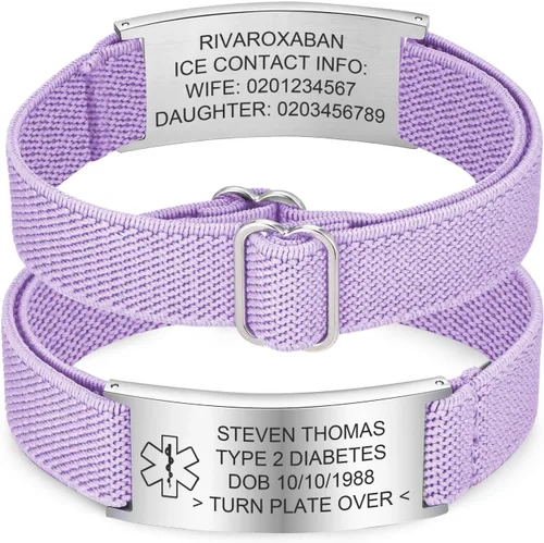 Vista 25 de Pulsera de alerta médica personalizada para hombres - Pulseras de identificación de acero inoxidable con correa elástica personalizada grabada
