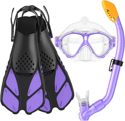Vista 14 de Seovediary Juego de esnórquel para niños, máscara, aletas, equipo de esnórquel para niños, gafas de natación antiniebla con vista panorámica de 180