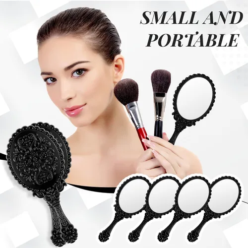 Vista 5 de Namalu 40 piezas de espejo de mano vintage pequeño en relieve, portátil, lindo espejo compacto con asa para mujeres, regalos de fiesta de San Negro