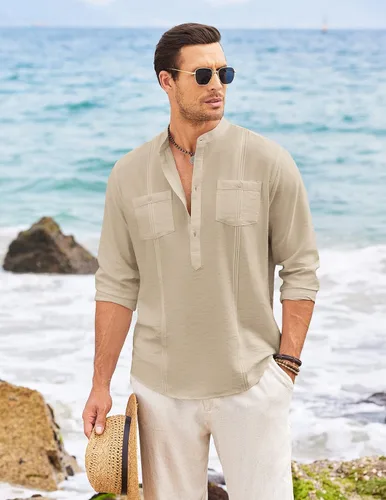 Vista 3 de COOFANDY Camisa Henley de lino para hombre, de manga larga, casual, hippie, de algodón, para playa
