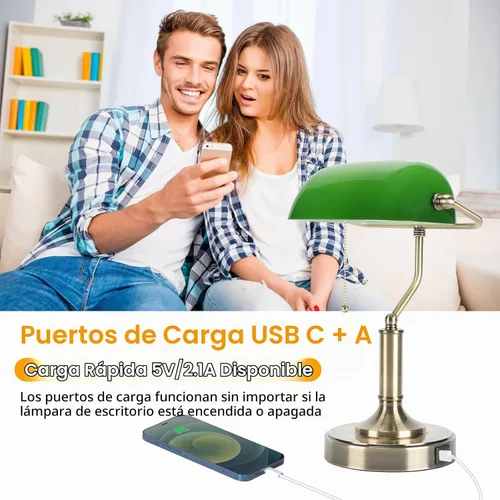 Vista 4 de LINNMON Bankers - Lámpara de escritorio verde con interruptor de cadena de tracción, lámpara retro con puertos de carga USB y tipo C, lámpara