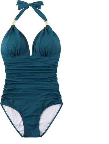 Vista 16 de RXRXCOCO - Traje de baño fruncido de una pieza, con cuello en V, para mujer, con control de abdomen y cuello halter