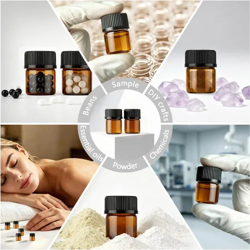 Vista 5 de 100 mini botellas de vidrio ámbar de 0.0 fl oz (1/4 de dram) de 1 cc, frasco de ámbar pequeño, botella de muestra líquida de perfume de aceite