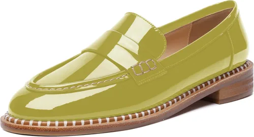 Vista 23 de FOGEENA Mocasines de tacón bajo para mujer, estilo casual, puntera redonda, de charol grueso, de 1 pulgada