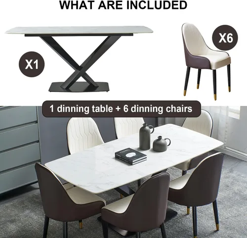 Vista 2 de Juego de mesa de comedor de mármol sintético, mesa de comedor rectangular de 63 pulgadas con mesa de piedra sinterizada y base de acero al carbono