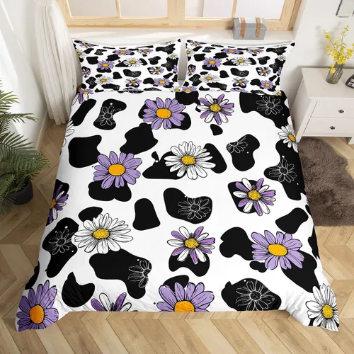 Vista 11 de Funda de edredón con estampado de vaca marrón para niñas y niños, funda de edredón de piel de vaca de las tierras altas, juego de ropa de cama