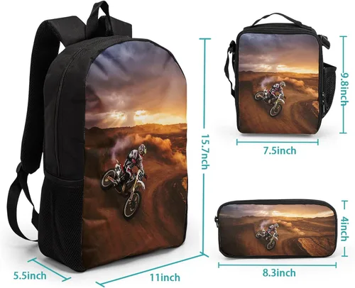 Vista 2 de Giwawa Mochilas escolares geniales para adolescentes y niños, juego de bolsas escolares, bolsa de almuerzo, estuche para lápices, Motocicleta
