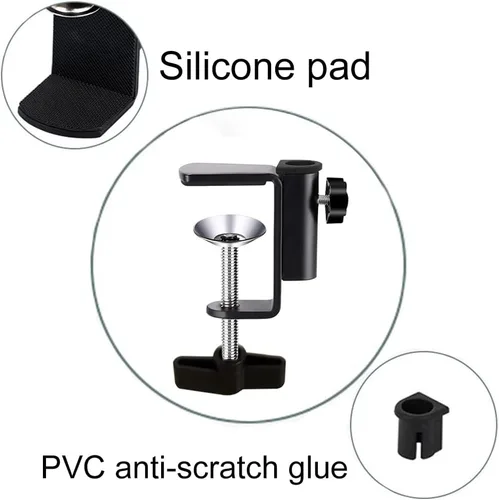 Vista 4 de Soporte de clip de aluminio con abrazadera en C para cámara/monitor, escritorio y soporte de mesa para micrófono/micrófono y tableta (negro)