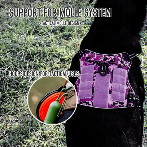 Vista 3 de Arnés táctico para perros medianos y grandes, camuflaje morado, control ajustable sin tirones con asa, chaleco reflectante resistente, talla M