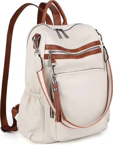 Vista 8 de UTO Mochila de cuero vegano para mujer, diseño de moda, convertible con borla, para viajes, con borla