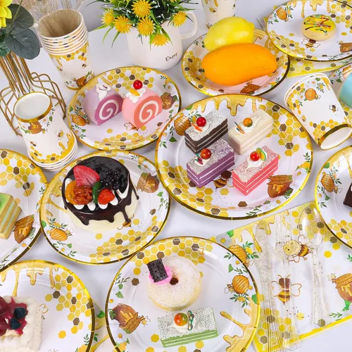 Vista 4 de Suministros de fiesta de abejas, platos y servilletas de abejas, vasos, servilletas y tenedores, decoraciones de fiesta de abejas para baby shower