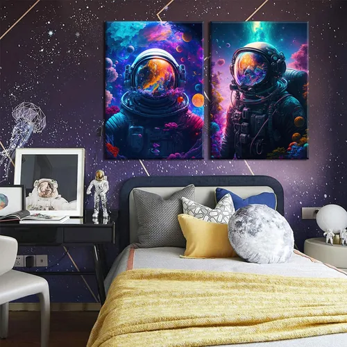 Vista 4 de Arte de pared de astronauta abstracto retro astronauta en el océano, póster colorido y fantástico universo espacial, impresiones de pintura espacial