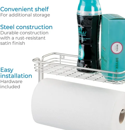 Vista 4 de iDesign Classico - Toallero de acero para colgar en la pared con estante dispensador de toallas de papel para cocina, baño, lavandería, garaje