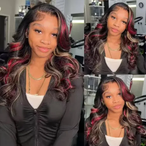 Vista 3 de abgese Peluca de cabello humano ondulado con reflejos rojos, pelucas de cabello humano ondulado con encaje frontal, densidad del 180 %, encaje