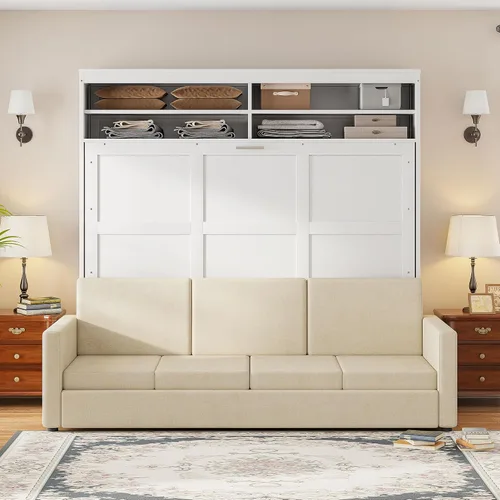 Vista 16 de MERITLINE Cama Murphy horizontal completa con sofá y estantes de almacenamiento, luz LED, madera maciza que ahorra espacio, cama de pared Murphy