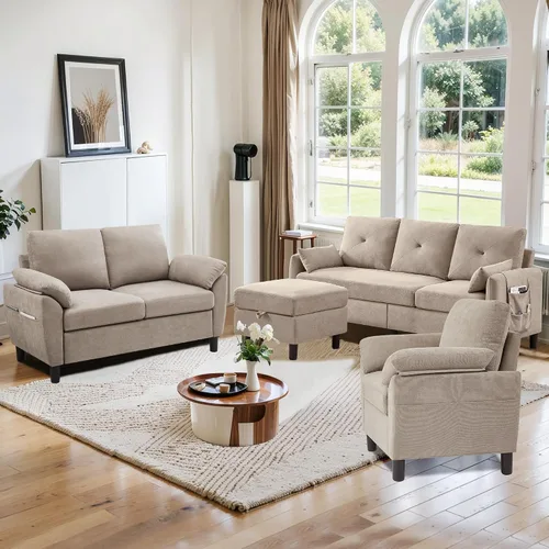 Vista 13 de Juego de sofá seccional, sofá convertible de 77 pulgadas y silla decorativa de 35 pulgadas, sofá pequeño en forma de L de 3 asientos con otomana