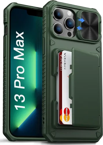 Vista 51 de Vihibii Funda para iPhone 13 Pro Max/iPhone 12 Pro Max con tarjetero (4 tarjetas) [bloqueo RFID] y cubierta de cámara deslizante, protección contra