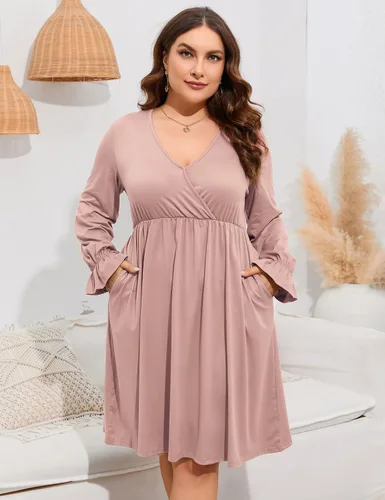 Vista 8 de ShopWonder Vestido de talla grande para mujer, con cuello en V, acampanado, largo hasta la rodilla, vestido de fiesta, minivestido de fiesta