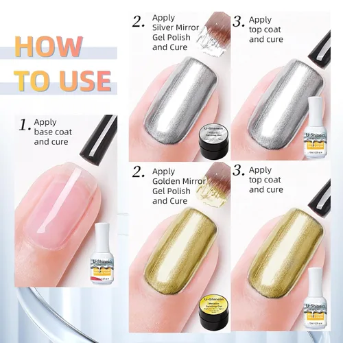 Vista 6 de Gel de pintura metálica de 2 x 0.3 fl oz, esmalte de uñas plateado y dorado, pintura de metal 3D, esmalte de gel de dibujo de espejo, esmalte