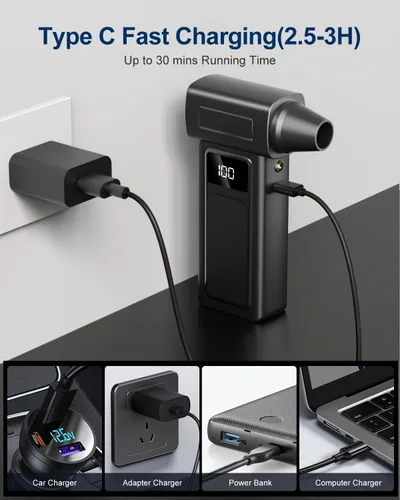 Vista 8 de Aspirador de aire eléctrico comprimido y aspiradora de mano para automóvil, batería 2 en 1-10000 mAh, 180000 rpm, soplador de aire echargeable de 4