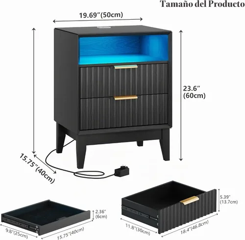 Vista 2 de LVSOMT Mesita de noche LED acanalada de 20 pulgadas de ancho con estación Estriado-negro