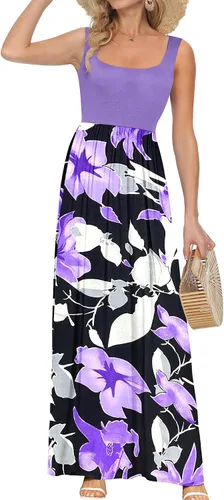Vista 30 de AUSELILY Vestido largo con cuello cuadrado para mujer, sin mangas, floral, holgado, con bolsillos